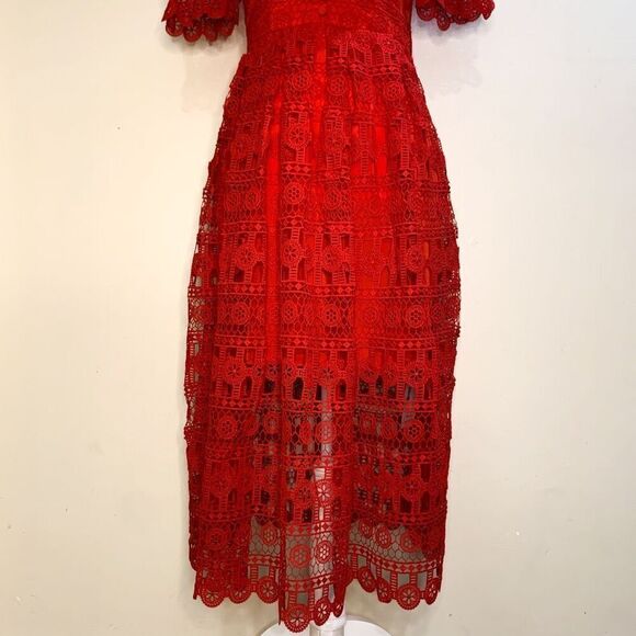 Self-Portrait Guipure V-Neck Puff Sleeve Red Midi Dress US 2 UK 4 Extra Small - Picture 6 of 10
